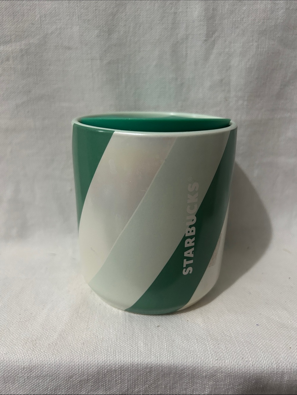 Starbucks Green and White Diagonal Stripe Ceramic Tumbler